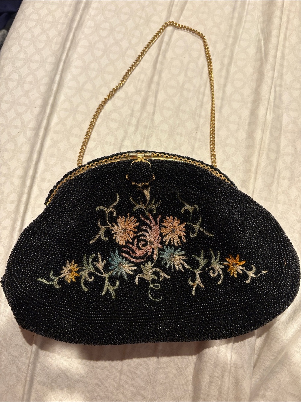 Black Beaded Floral Evening Clutch with Gold Chain